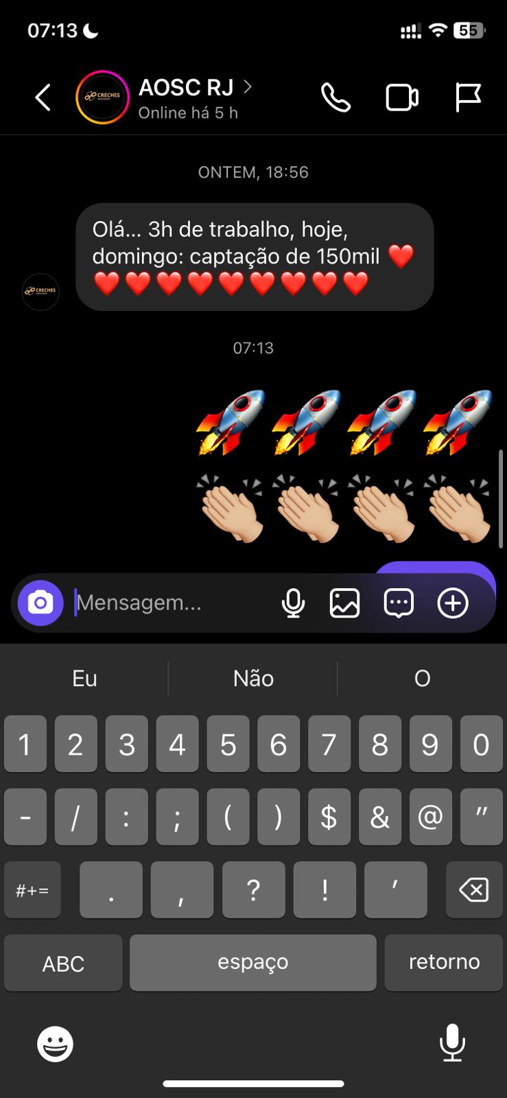 Print da AOSC RJ, captação de R$ 150 mil em um domingo