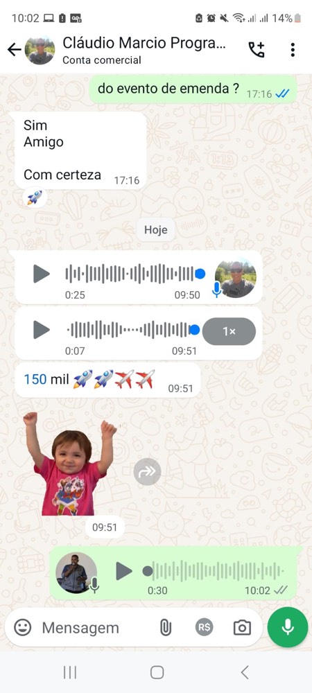 Print do WhatsApp de Cláudio Marcio confirmando R$ 150 mil