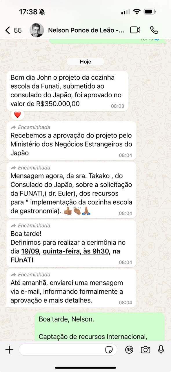 Print do WhatsApp de Nelson sobre o projeto aprovado pelo Consulado do Japão